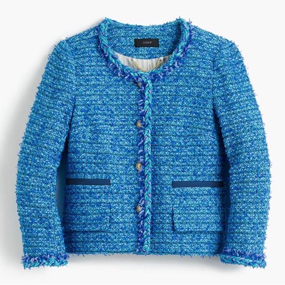 NWOT J. Crew Collections Blue English Tweed Fringe Lady Jacket Size 0
